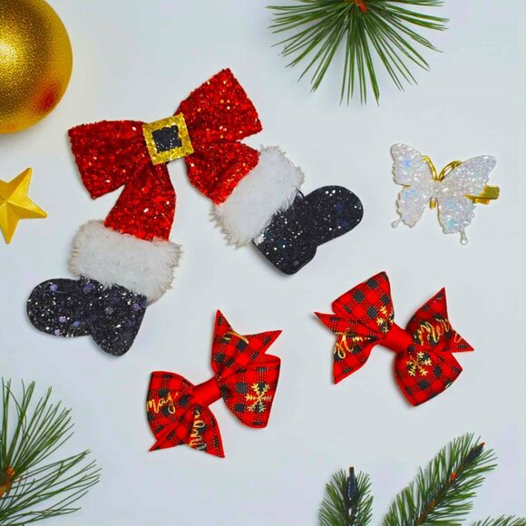 Santa Butterfly Hair Bow Set - Picture 1 of 1